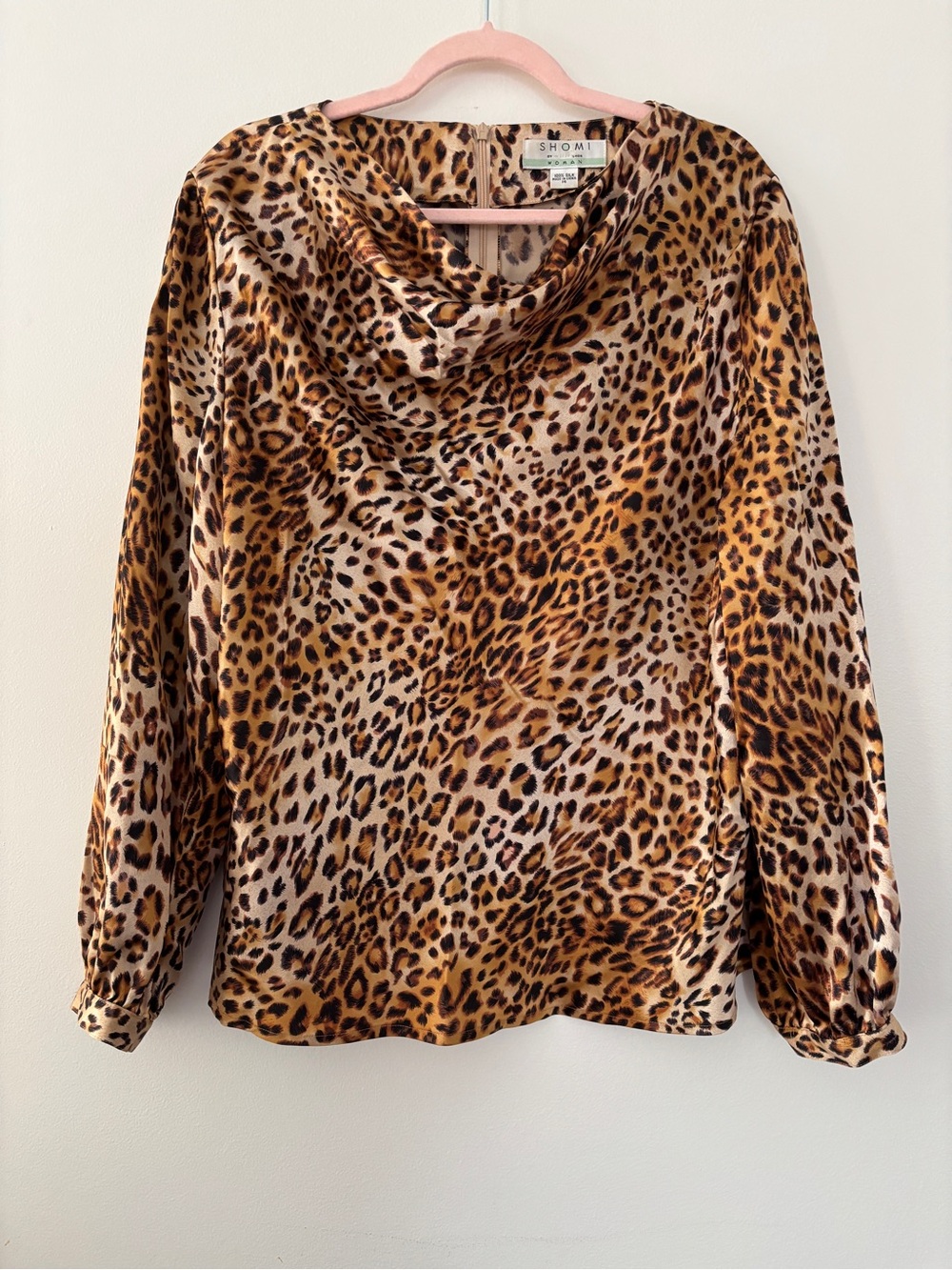 Vintage Shomi by Miller Shor Woman 100% Silk Leopard 14 Long Sleeve Cowl Neck